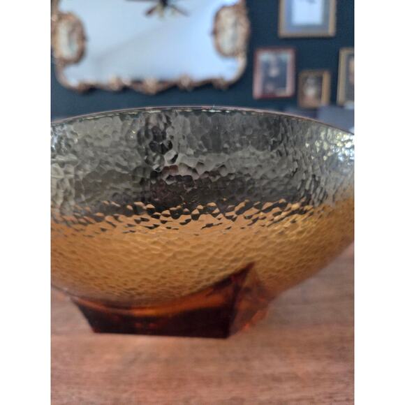 Hazel Atlas Amber Textured Glass Bowl 11" Mid-Century Modern Square Base - Picture 5 of 8